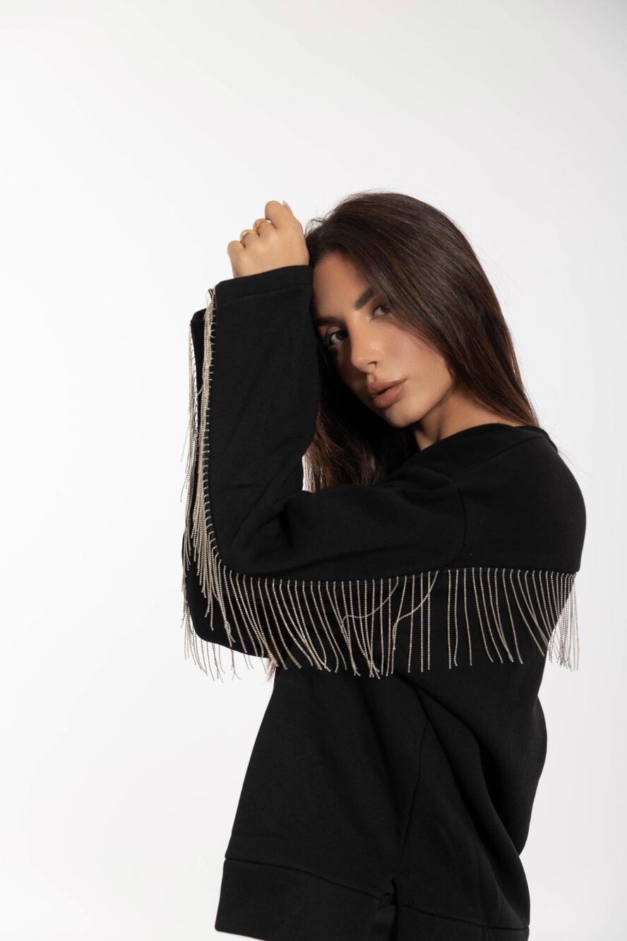 Rhinestone Fringe Cardigan Sweater Black Western Boho Glam Small dolly parton
